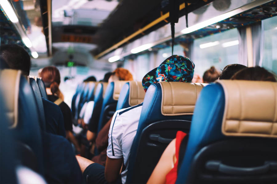 Inside a charter bus